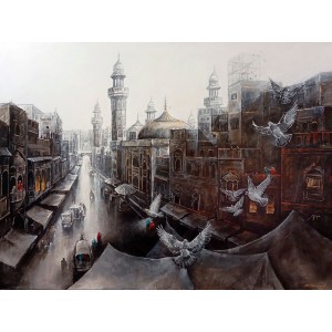 K Mehmood, 36 x 48 Inch, Acrylic and Charcoal on Canvas, Cityscape Painting, AC-KHM-005